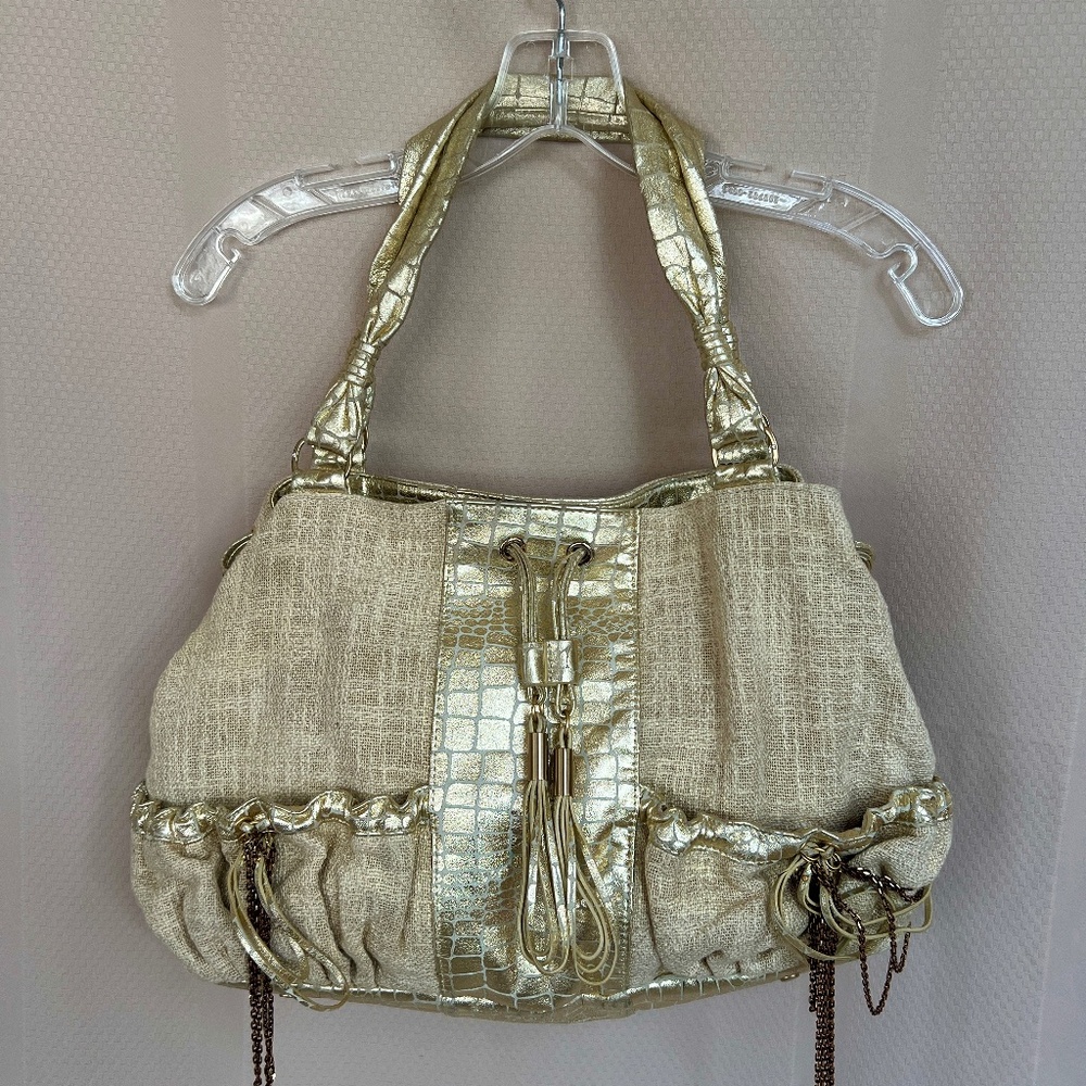 Laundry By Shelli Segal Linen & Gold Metallic Shoulder/Satchel Handbag